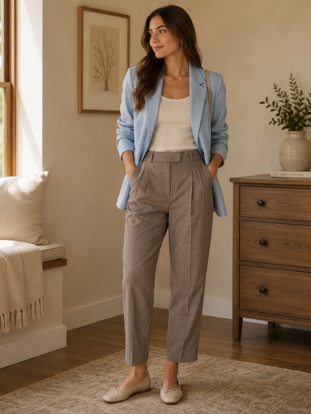 H&M High-Waist Pleated Trousers in Taupe